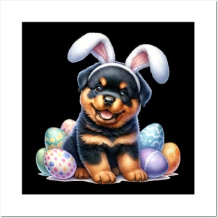 Puppy Rottweiler Bunny Ears Easter Eggs Happy Easter Day Posters and Art